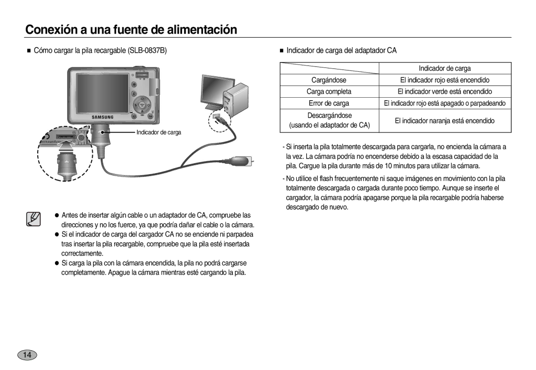 Samsung EC-L83ZZRBA/E1, EC-L83ZZSDA/E3 manual Cómo cargar la pila recargable SLB-0837B, Indicador de carga del adaptador CA 