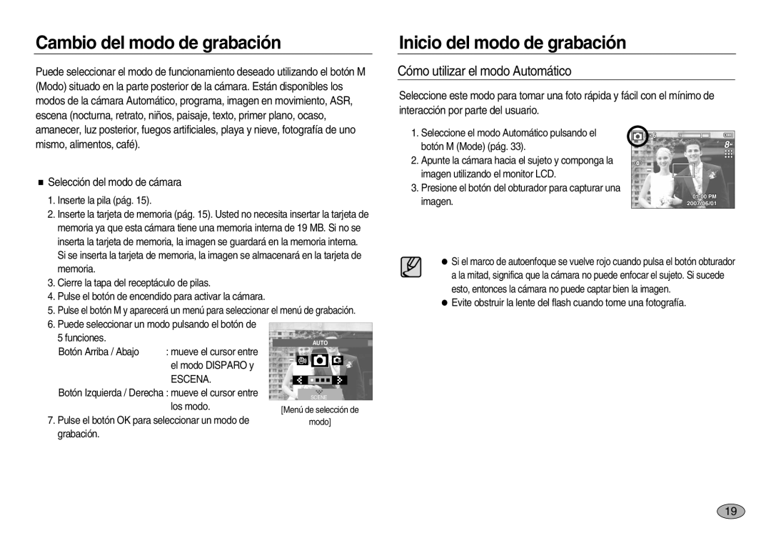 Samsung EC-L83ZZSBA/GB manual Cambio del modo de grabación, Inicio del modo de grabación, Cómo utilizar el modo Automático 