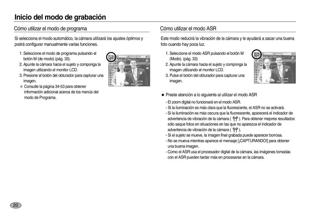 Samsung EC-L83ZZBBC/E1, EC-L83ZZSDA/E3, EC-L83ZZSBB/E1 manual Cómo utilizar el modo de programa, Cómo utilizar el modo ASR 