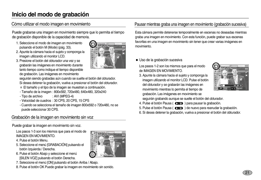 Samsung EC-L83ZZSBA/AS manual Cómo utilizar el modo imagen en movimiento, Grabación de la imagen en movimiento sin voz 