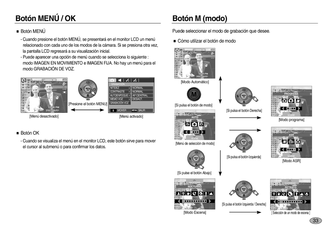 Samsung EC-L83ZZBBC/E1, EC-L83ZZSDA/E3, EC-L83ZZSBB/E1, EC-L83ZZRBA/E1 manual Botón Menú / OK, Botón M modo, Botón OK 