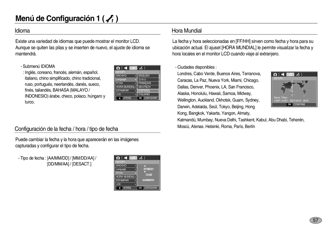 Samsung EC-L83ZZSDA/E1, EC-L83ZZSDA/E3 manual Idioma, Hora Mundial, Configuración de la fecha / hora / tipo de fecha 