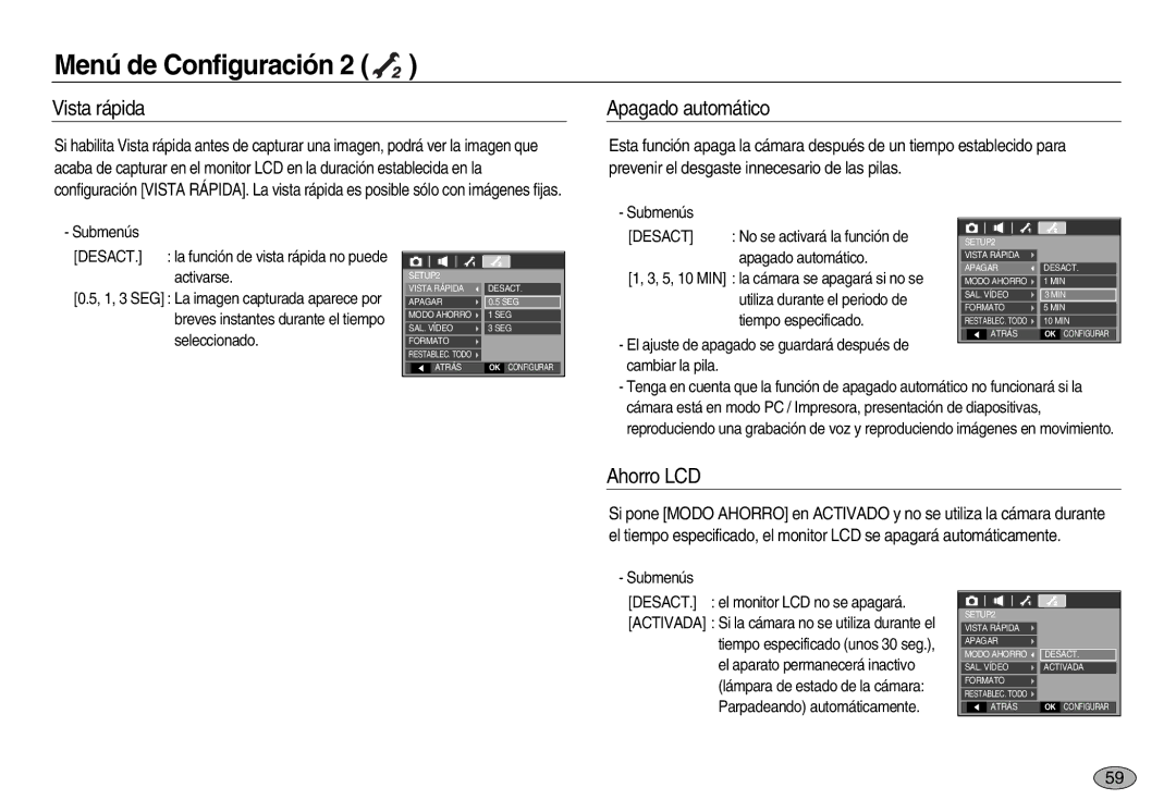 Samsung EC-L83ZZBBC/E1, EC-L83ZZSDA/E3, EC-L83ZZSBB/E1, EC-L83ZZRBA/E1 manual Vista rápida, Apagado automático, Ahorro LCD 