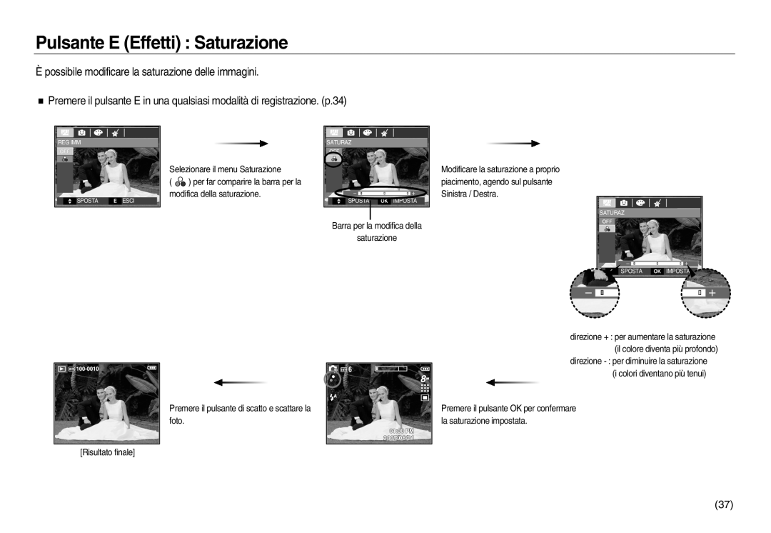 Samsung EC-L83ZZRBA/IT manual Pulsante E Effetti Saturazione, È possibile modificare la saturazione delle immagini 