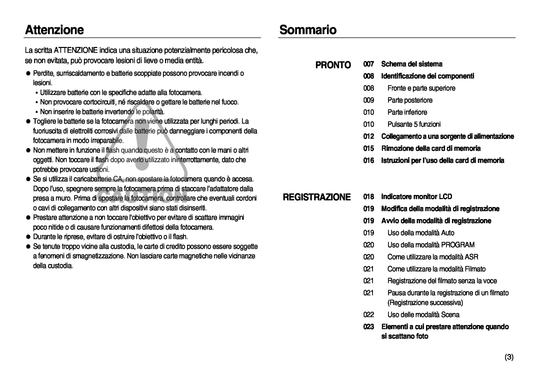 Samsung EC-L83ZZBBB/E1 manual Attenzione, Sommario, PRONTO 007 Schema del sistema 008 Identificazione dei componenti 