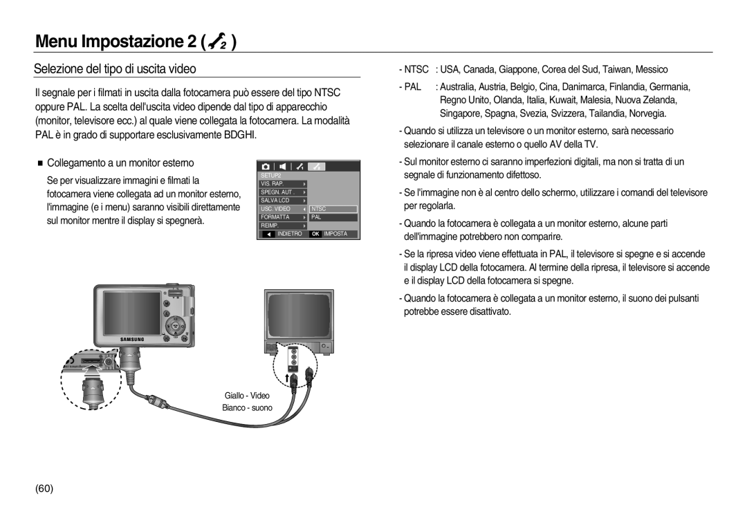 Samsung EC-L83ZZSBA/IT manual Selezione del tipo di uscita video, Collegamento a un monitor esterno, Menu Impostazione 
