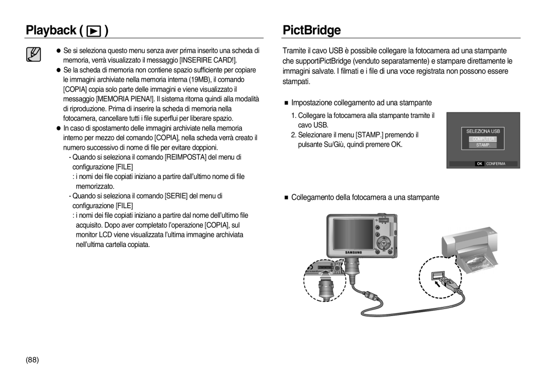 Samsung EC-L83ZZSBB/E1 PictBridge, Impostazione collegamento ad una stampante, Playback, Seleziona Usb Computer Stamp 