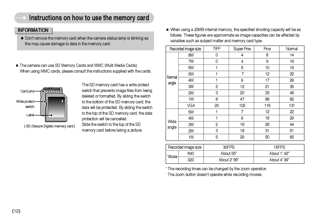 Samsung EC-L85ZZBBA/E1, EC-L85ZZBBB/SP, EC-L85ZZBAA, EC-L85ZZBBA/SP, EC-L85ZZBBC/SP manual Tiff, Vga, 30FPS 15FPS 