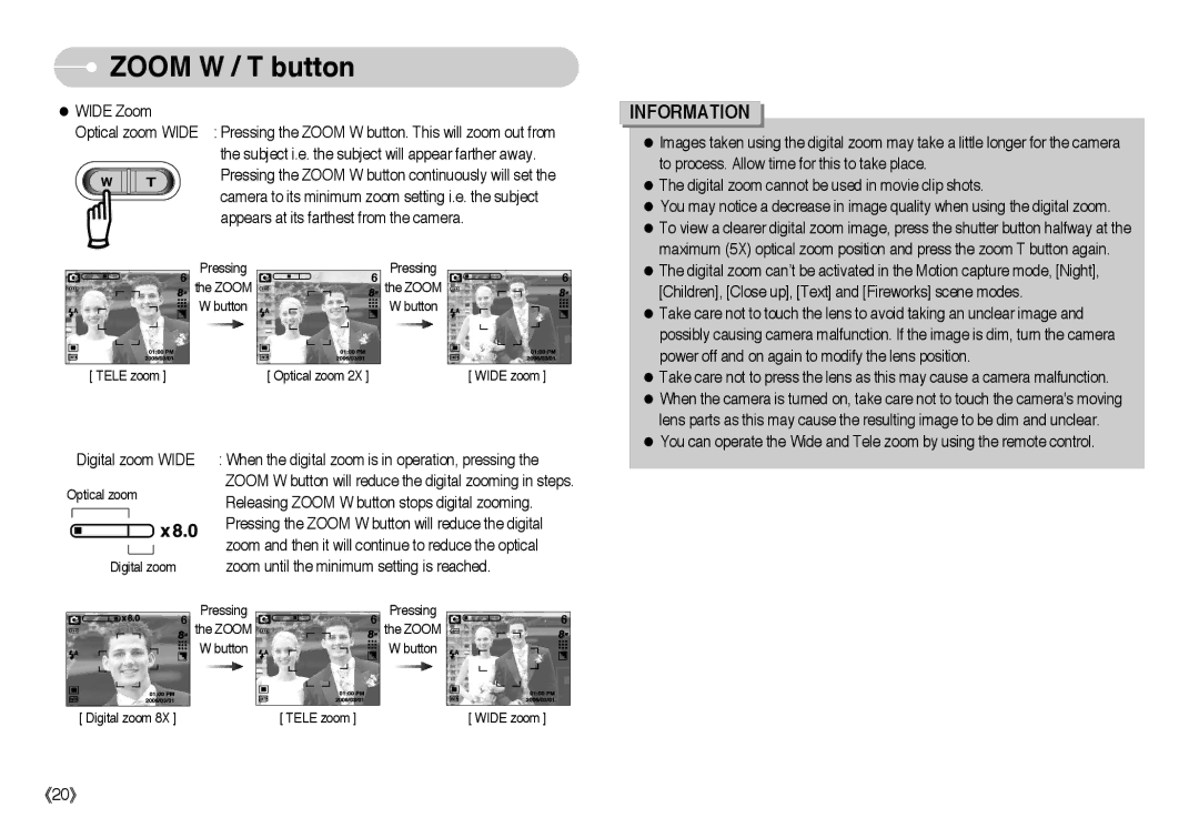 Samsung EC-L85ZZBAA, EC-L85ZZBBB/SP, EC-L85ZZBBA/SP, EC-L85ZZBBA/E1, EC-L85ZZBBC/SP manual Zoom W / T button 