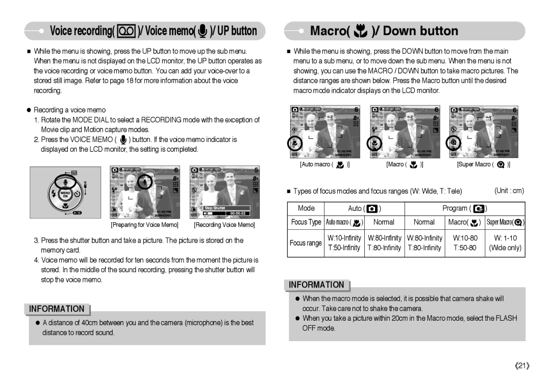 Samsung EC-L85ZZBBA/SP, EC-L85ZZBBB/SP, EC-L85ZZBAA manual Macro / Down button, Voice recording / Voice memo / UP button 