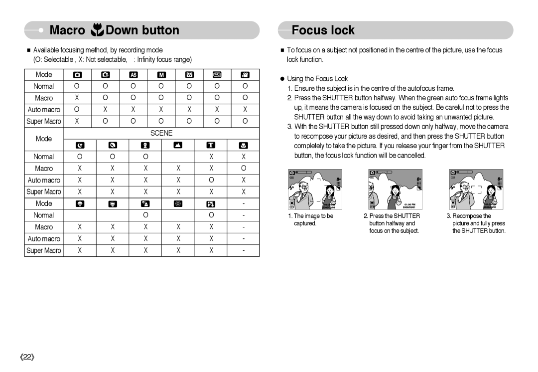 Samsung EC-L85ZZBBA/E1, EC-L85ZZBBB/SP, EC-L85ZZBAA, EC-L85ZZBBA/SP, EC-L85ZZBBC/SP manual Focus lock, Scene 