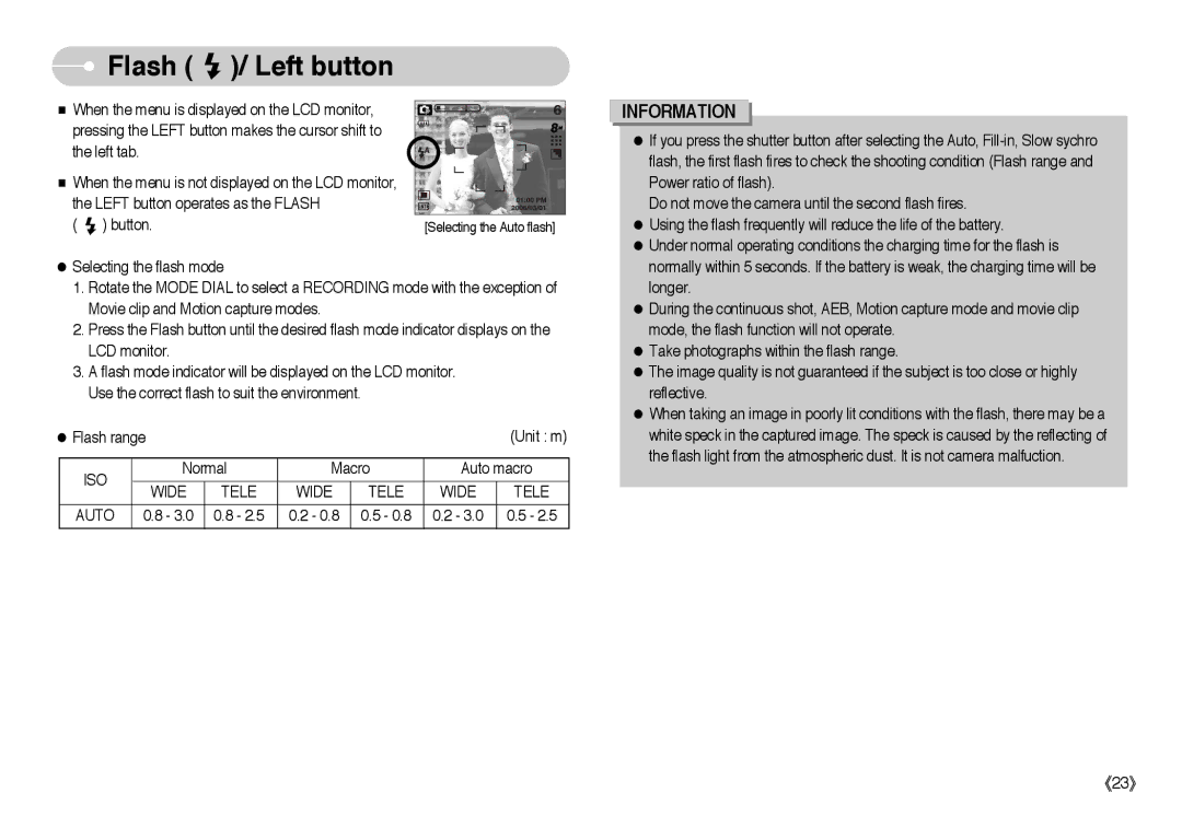 Samsung EC-L85ZZBBC/SP, EC-L85ZZBBB/SP, EC-L85ZZBAA, EC-L85ZZBBA/SP, EC-L85ZZBBA/E1 manual Flash / Left button, Wide Tele Auto 