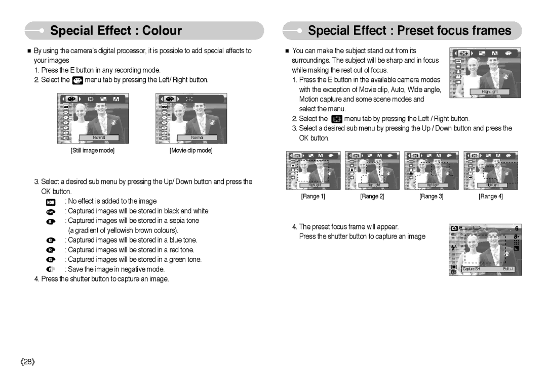 Samsung EC-L85ZZBBC/SP, EC-L85ZZBBB/SP, EC-L85ZZBAA manual Special Effect Colour, Special Effect Preset focus frames 