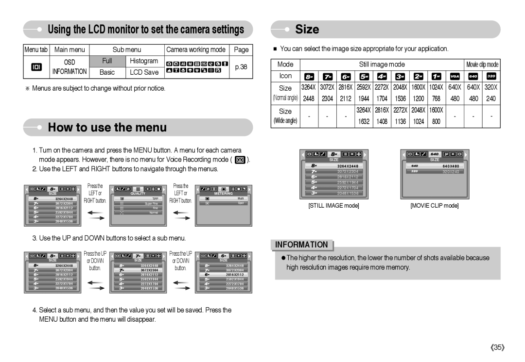 Samsung EC-L85ZZBAA, EC-L85ZZBBB/SP, EC-L85ZZBBA/SP, EC-L85ZZBBA/E1, EC-L85ZZBBC/SP manual How to use the menu Size, Icon 