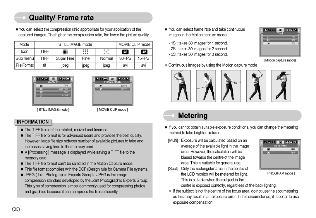 Samsung EC-L85ZZBBA/SP, EC-L85ZZBBB/SP, EC-L85ZZBAA, EC-L85ZZBBA/E1, EC-L85ZZBBC/SP manual Quality/ Frame rate, Metering 