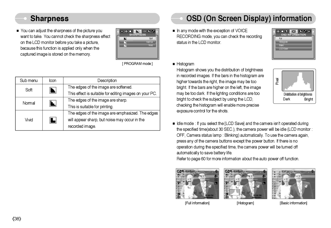 Samsung EC-L85ZZBBC/SP, EC-L85ZZBBB/SP, EC-L85ZZBAA, EC-L85ZZBBA/SP manual Sharpness, OSD On Screen Display information 