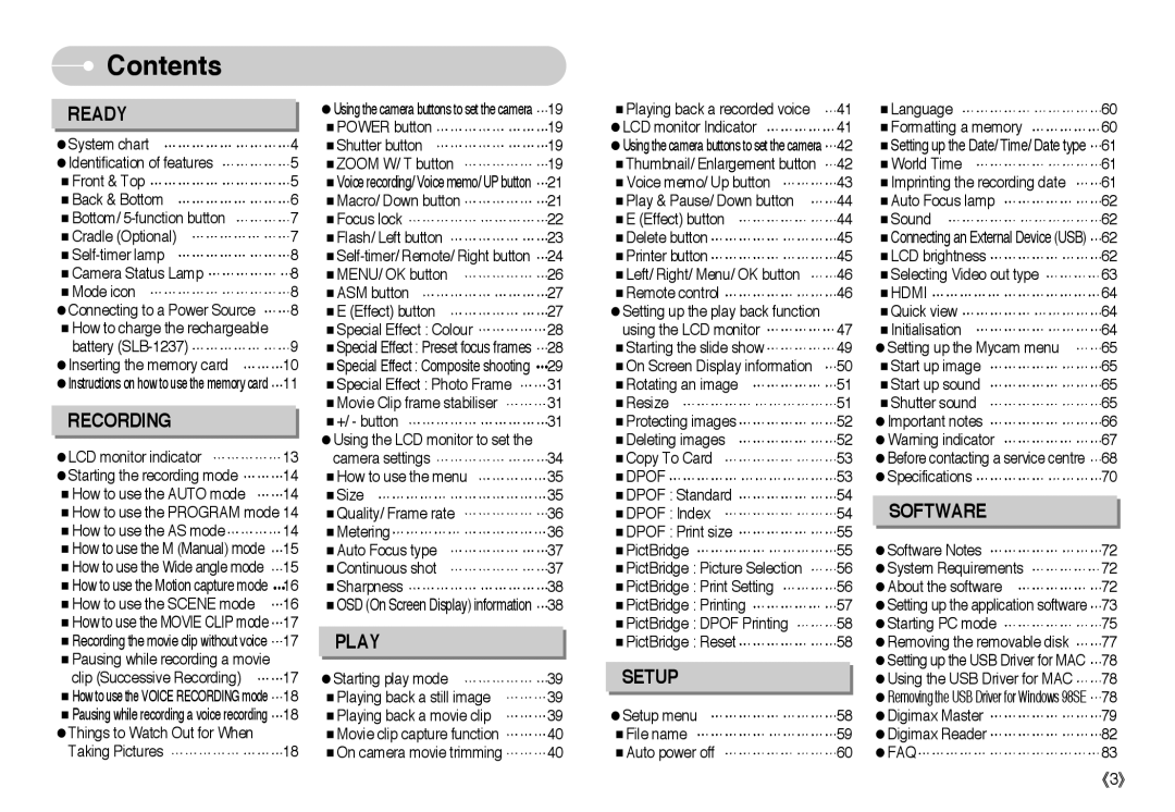 Samsung EC-L85ZZBBC/SP, EC-L85ZZBBB/SP, EC-L85ZZBAA, EC-L85ZZBBA/SP, EC-L85ZZBBA/E1 manual Contents 