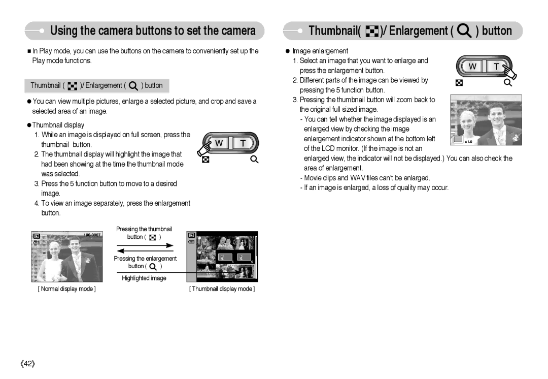 Samsung EC-L85ZZBBA/E1, EC-L85ZZBBB/SP, EC-L85ZZBAA, EC-L85ZZBBA/SP, EC-L85ZZBBC/SP manual Thumbnail / Enlargement button 