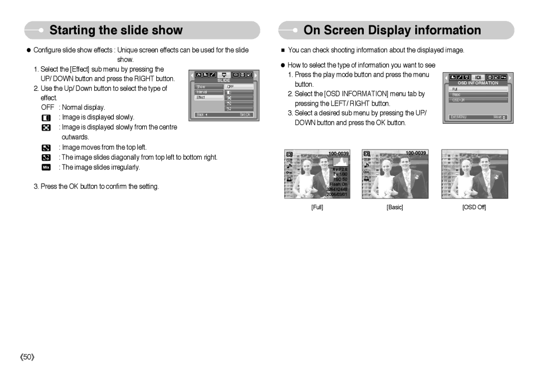 Samsung EC-L85ZZBAA, EC-L85ZZBBB/SP, EC-L85ZZBBA/SP, EC-L85ZZBBA/E1, EC-L85ZZBBC/SP manual On Screen Display information 