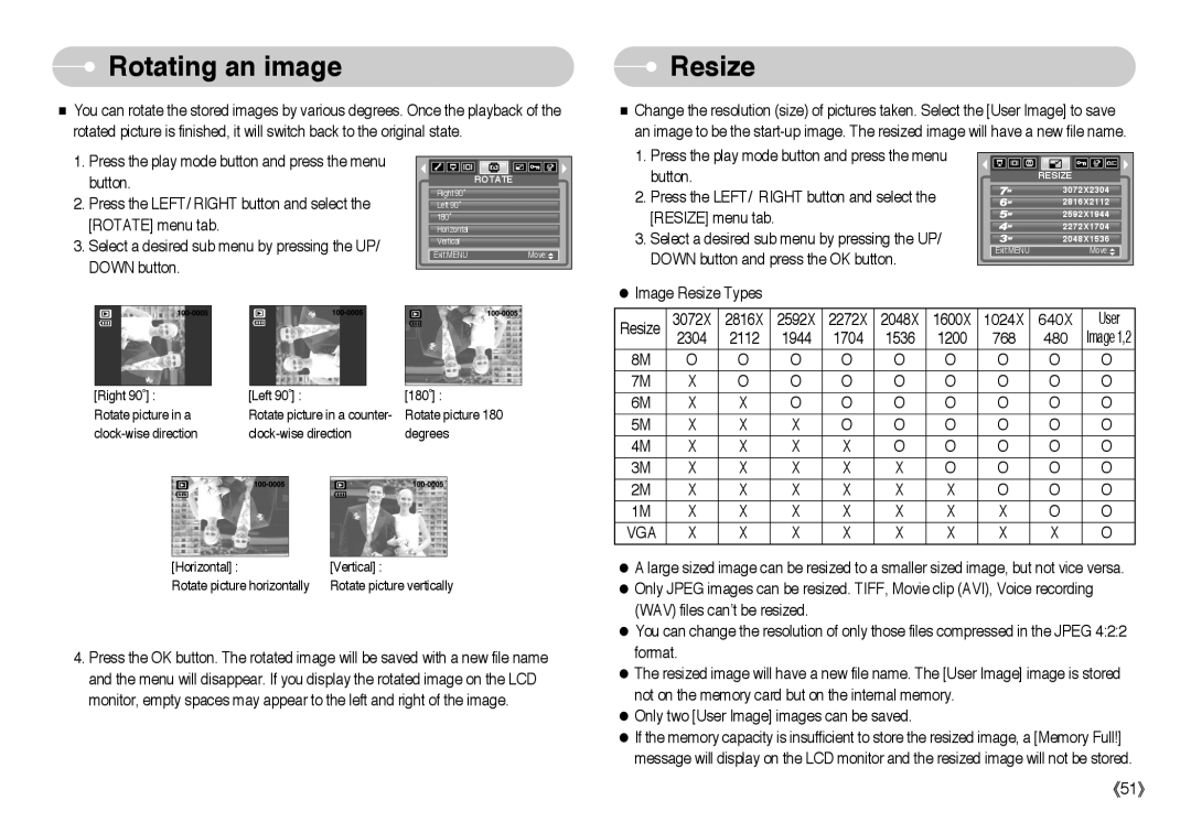 Samsung EC-L85ZZBBA/SP, EC-L85ZZBBB/SP, EC-L85ZZBAA, EC-L85ZZBBA/E1, EC-L85ZZBBC/SP manual Rotating an image, Resize 