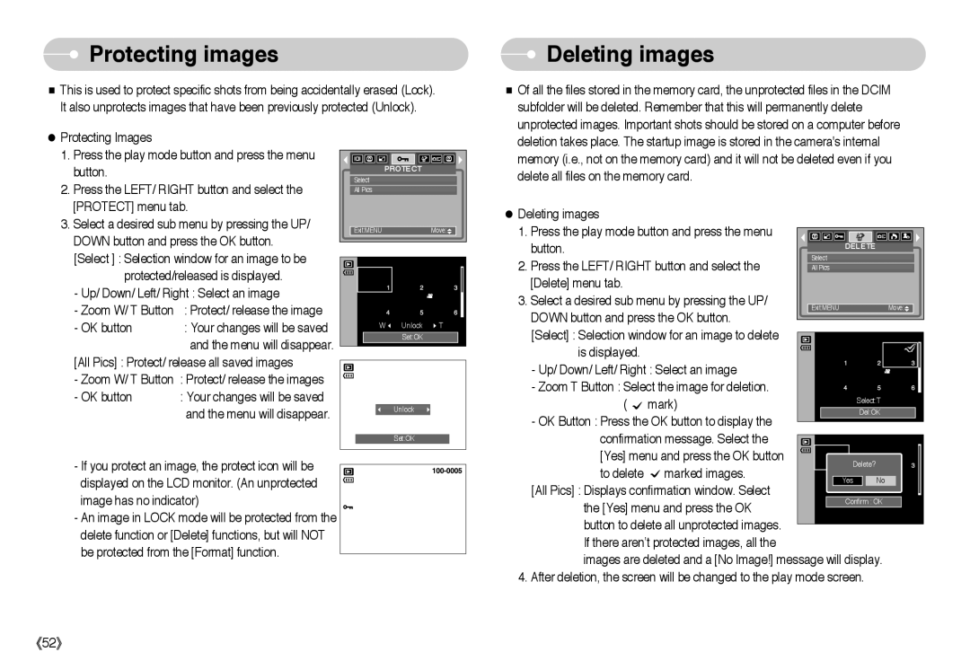 Samsung EC-L85ZZBBA/E1, EC-L85ZZBBB/SP, EC-L85ZZBAA, EC-L85ZZBBA/SP, EC-L85ZZBBC/SP manual Protecting images, Deleting images 