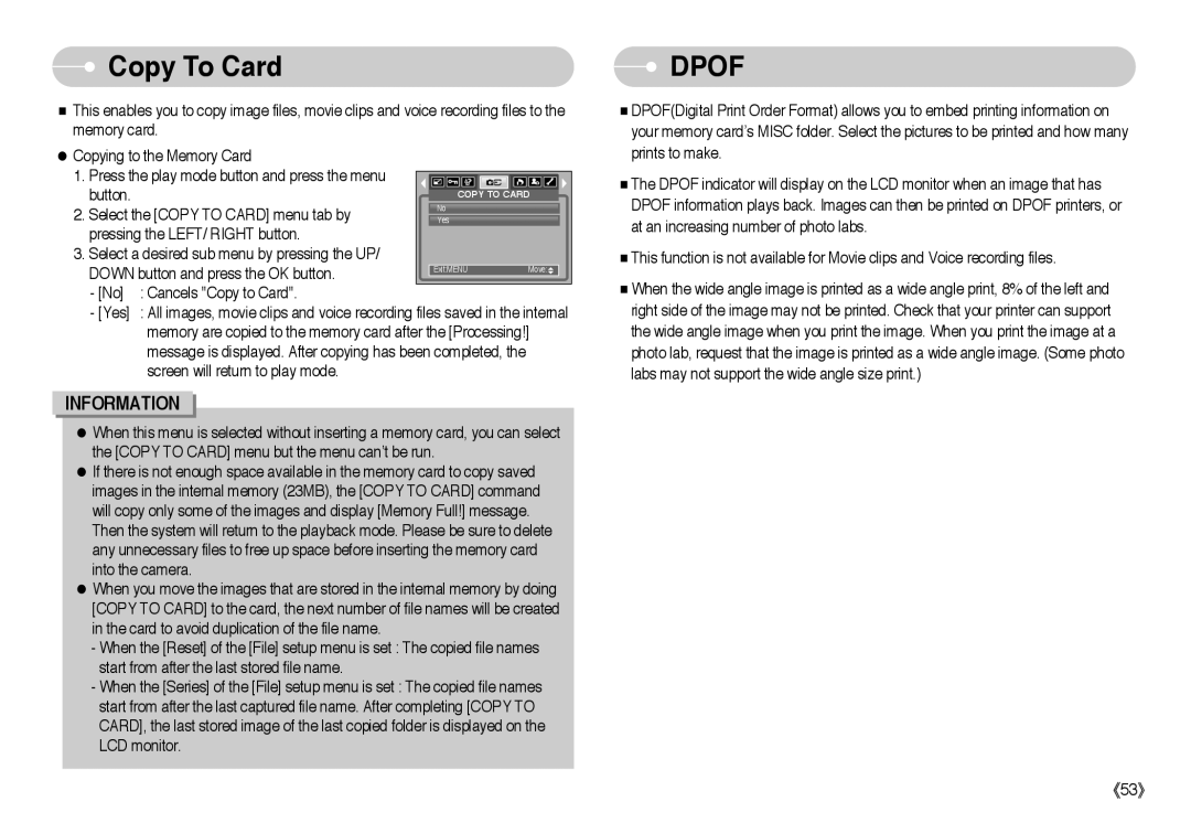 Samsung EC-L85ZZBBC/SP, EC-L85ZZBBB/SP, EC-L85ZZBAA, EC-L85ZZBBA/SP, EC-L85ZZBBA/E1 manual Copy To Card, Dpof 