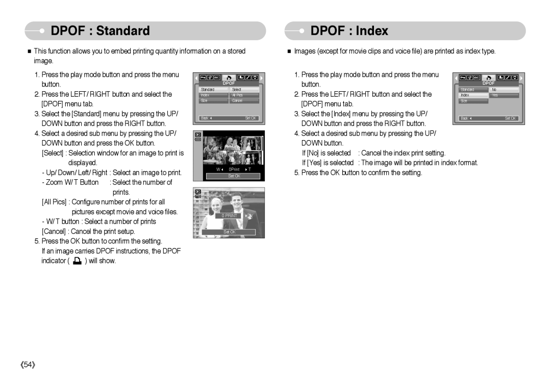 Samsung EC-L85ZZBBB/SP, EC-L85ZZBAA, EC-L85ZZBBA/SP, EC-L85ZZBBA/E1, EC-L85ZZBBC/SP manual Dpof Standard, Dpof Index 