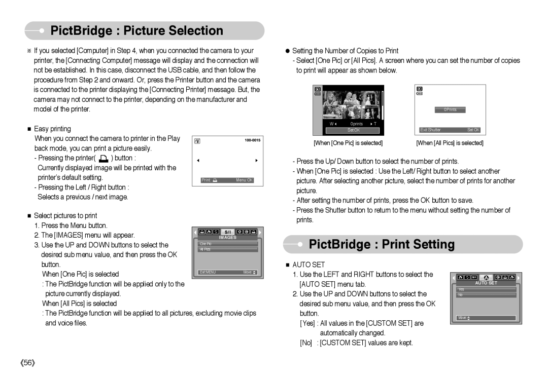 Samsung EC-L85ZZBBA/SP, EC-L85ZZBBB/SP, EC-L85ZZBAA, EC-L85ZZBBA/E1 PictBridge Picture Selection, PictBridge Print Setting 