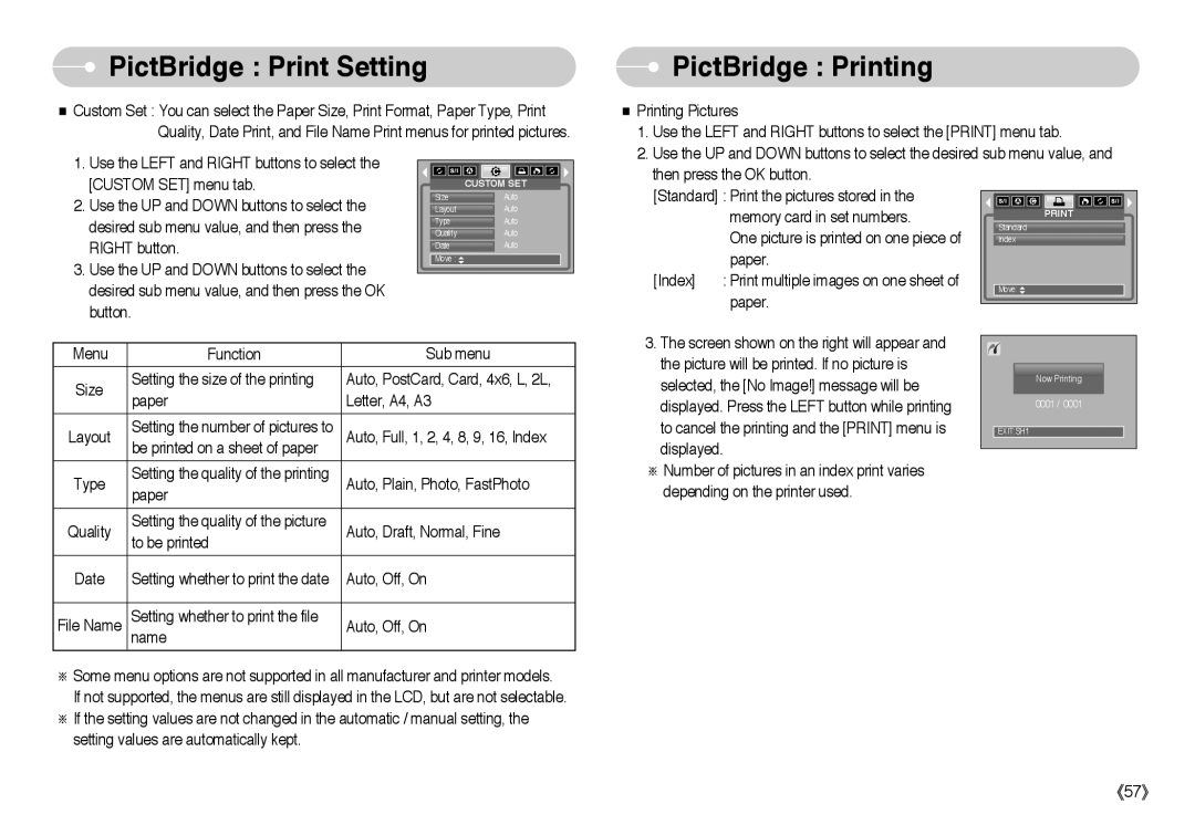 Samsung EC-L85ZZBBA/E1, EC-L85ZZBBB/SP, EC-L85ZZBAA, EC-L85ZZBBA/SP, EC-L85ZZBBC/SP manual PictBridge Printing 