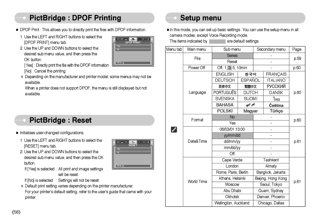 Samsung EC-L85ZZBBC/SP, EC-L85ZZBBB/SP, EC-L85ZZBAA, EC-L85ZZBBA/SP PictBridge Dpof Printing, Setup menu, PictBridge Reset 