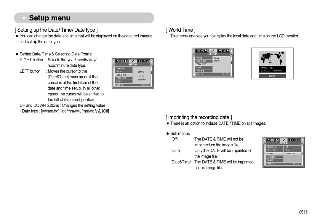 Samsung EC-L85ZZBBA/SP, EC-L85ZZBBB/SP, EC-L85ZZBAA, EC-L85ZZBBA/E1, EC-L85ZZBBC/SP manual Setting up the Date/ Time/ Date type 