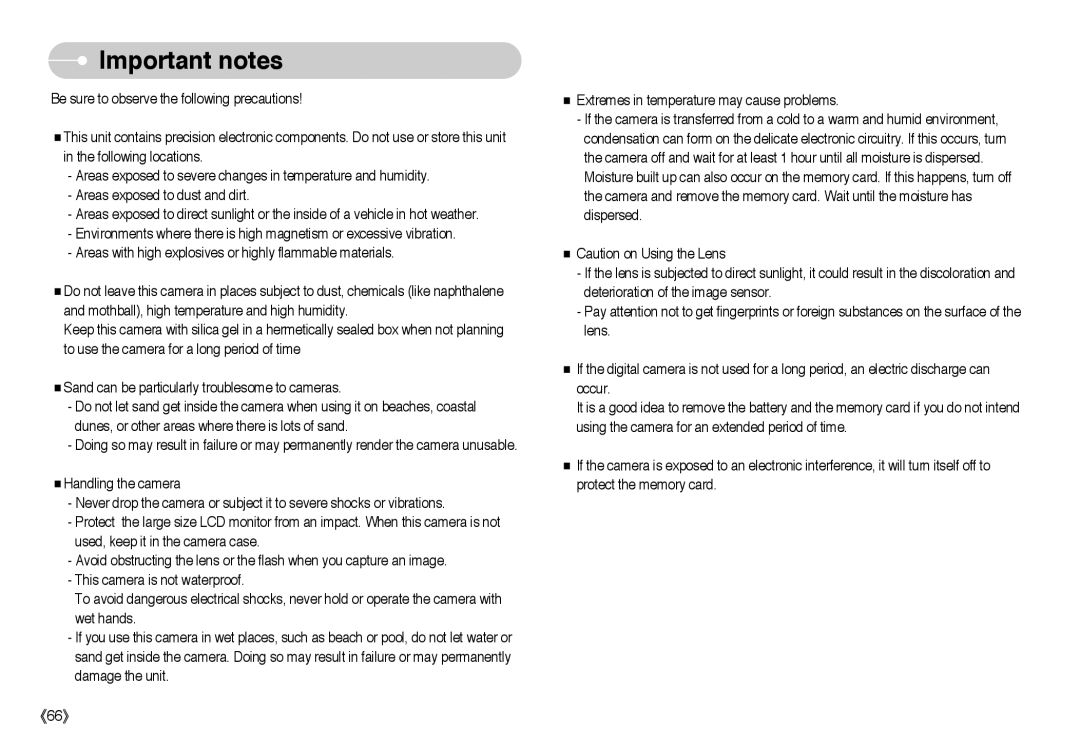 Samsung EC-L85ZZBBA/SP, EC-L85ZZBBB/SP, EC-L85ZZBAA, EC-L85ZZBBA/E1, EC-L85ZZBBC/SP manual Important notes, 《66》 