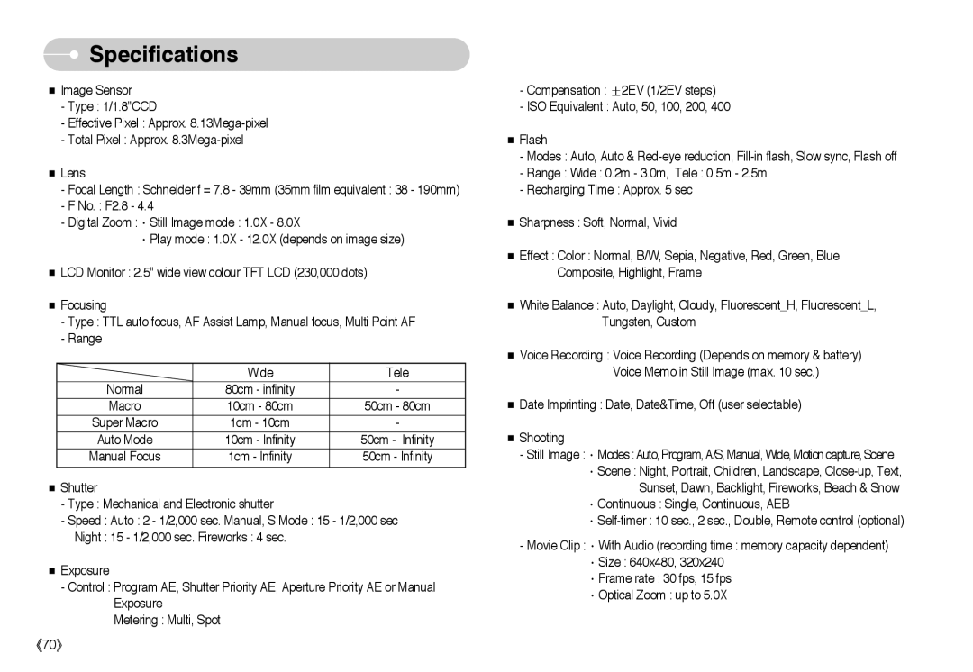 Samsung EC-L85ZZBAA, EC-L85ZZBBB/SP, EC-L85ZZBBA/SP, EC-L85ZZBBA/E1, EC-L85ZZBBC/SP manual Specifications, 《70》 