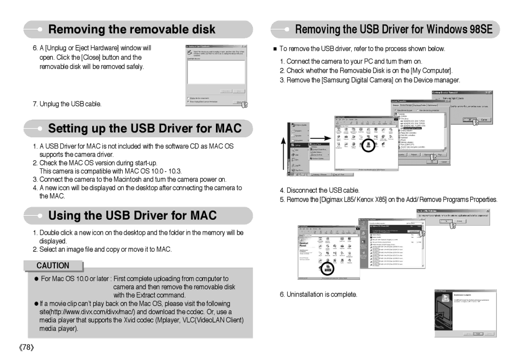 Samsung EC-L85ZZBBC/SP, EC-L85ZZBBB/SP, EC-L85ZZBAA manual Setting up the USB Driver for MAC, Using the USB Driver for MAC 