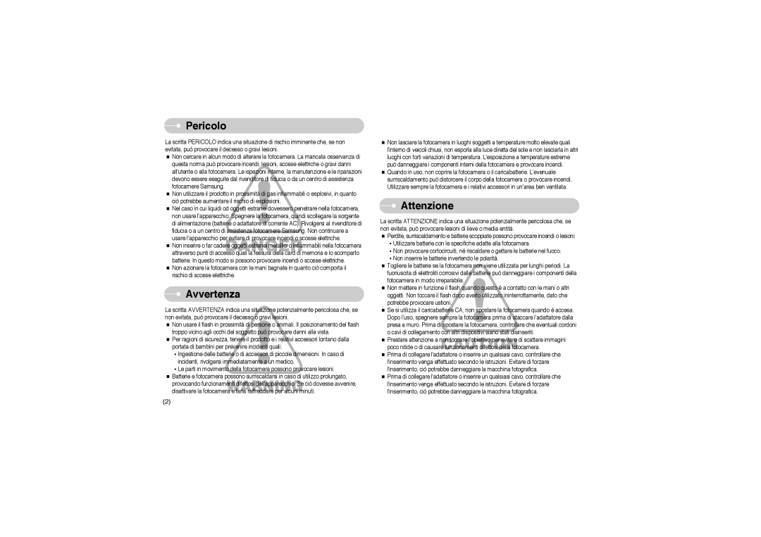 Samsung EC-L85ZZBBB/SP manual Pericolo, Avvertenza, Attenzione 