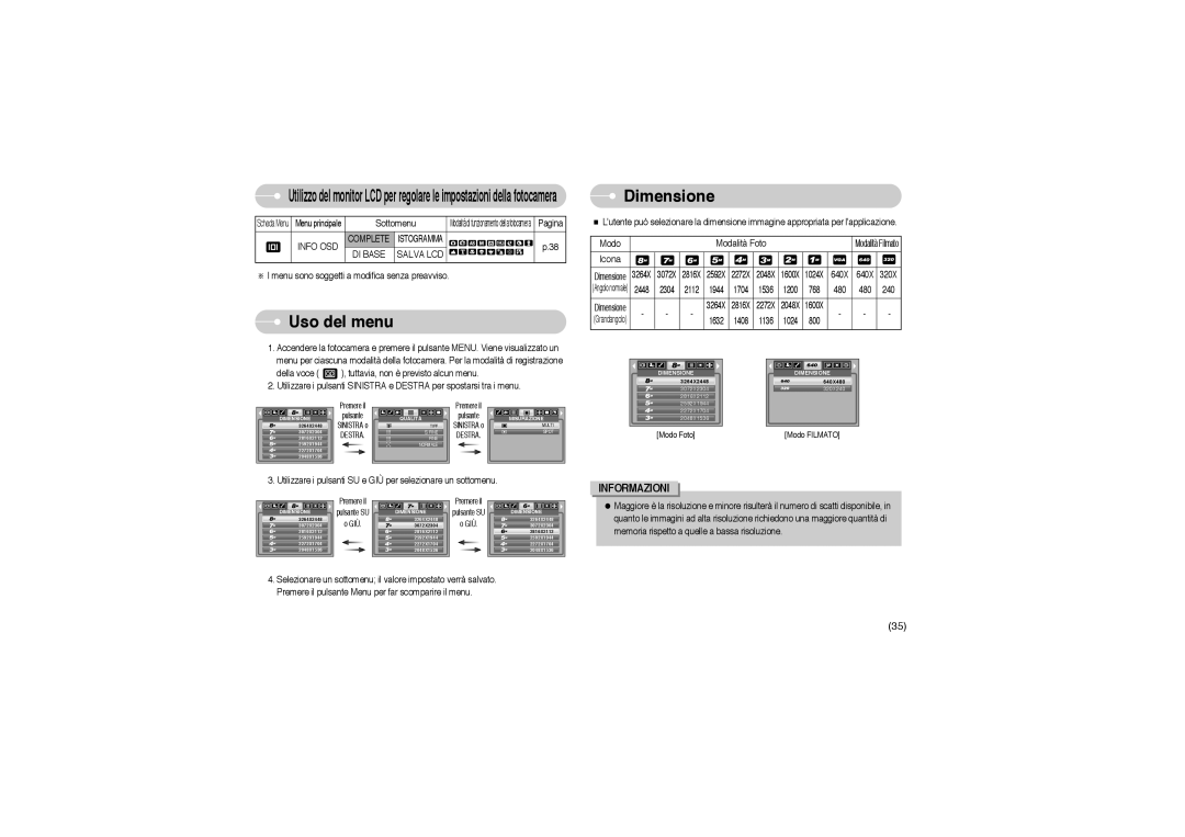 Samsung EC-L85ZZBBB/SP manual Uso del menu Dimensione, Icona, Info OSD, DI Base Salva LCD 