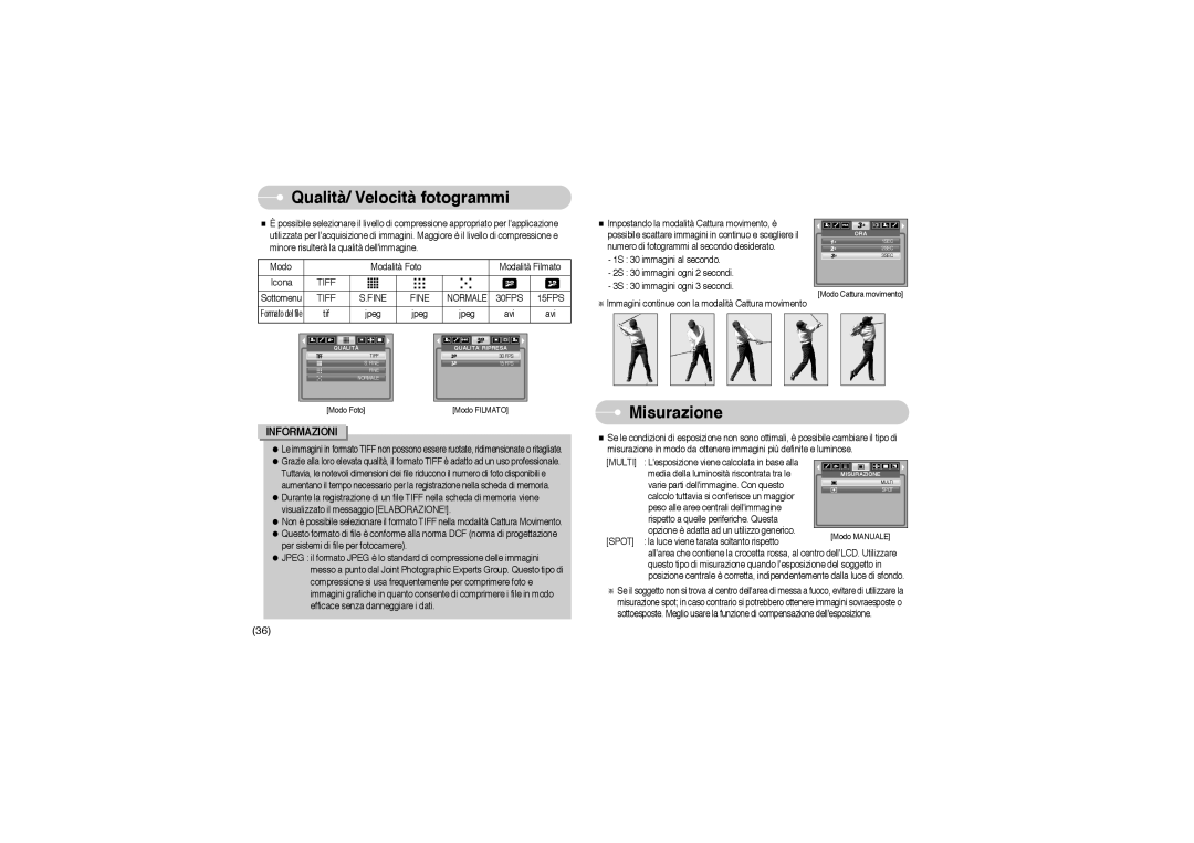 Samsung EC-L85ZZBBB/SP manual Qualità/ Velocità fotogrammi, Misurazione, 30FPS 15FPS, Tiff Fine, Multi 