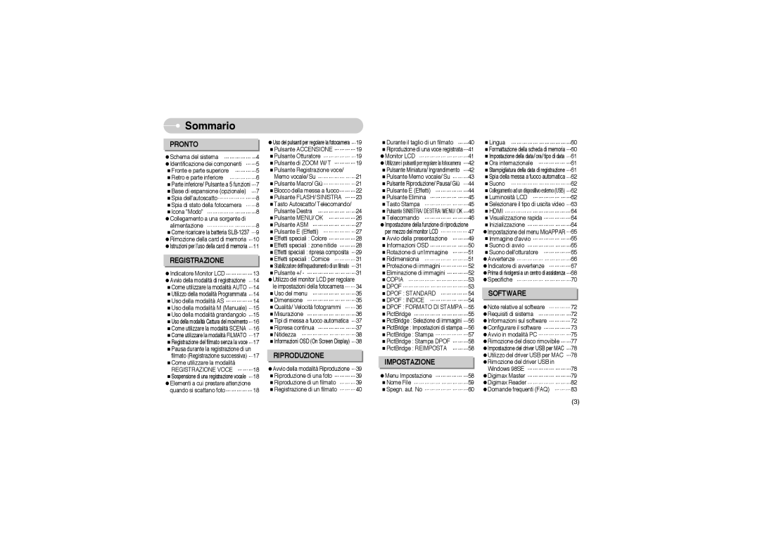 Samsung EC-L85ZZBBB/SP manual Sommario, Hdmi, Copia, Dpof Standard Dpof Indice Dpof Formato DI Stampa 