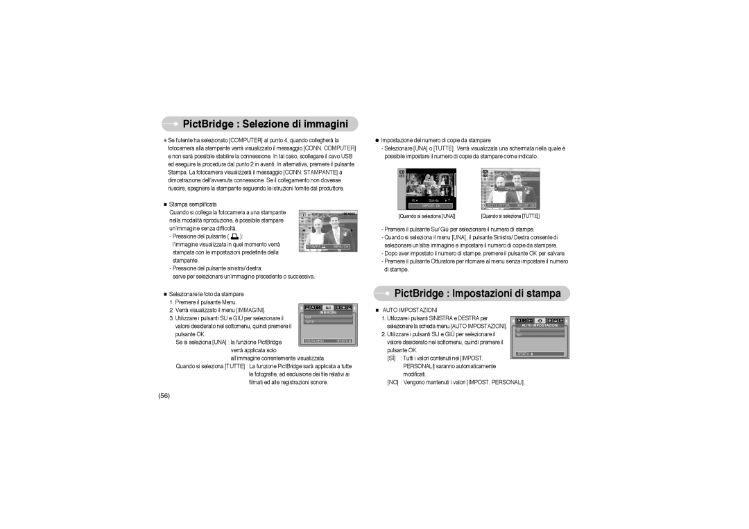 Samsung EC-L85ZZBBB/SP manual PictBridge Selezione di immagini, PictBridge Impostazioni di stampa, Auto Impostazioni 