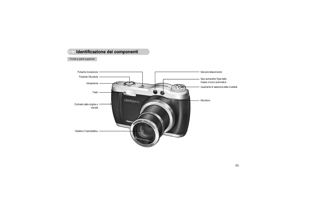 Samsung EC-L85ZZBBB/SP manual Identificazione dei componenti, Fronte e parte superiore 