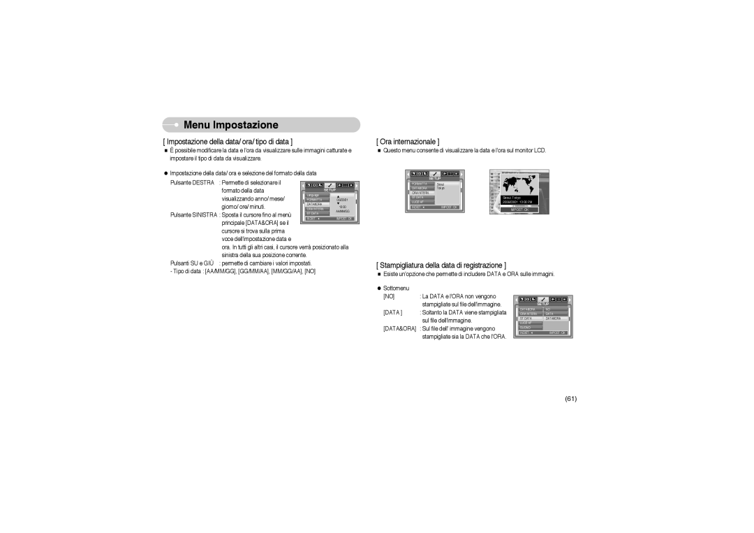 Samsung EC-L85ZZBBB/SP manual Impostazione della data/ ora/ tipo di data 