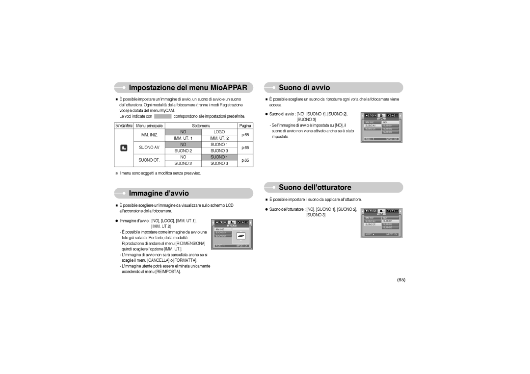 Samsung EC-L85ZZBBB/SP manual Impostazione del menu MioAPPAR, Suono di avvio, Immagine davvio Suono dellotturatore 