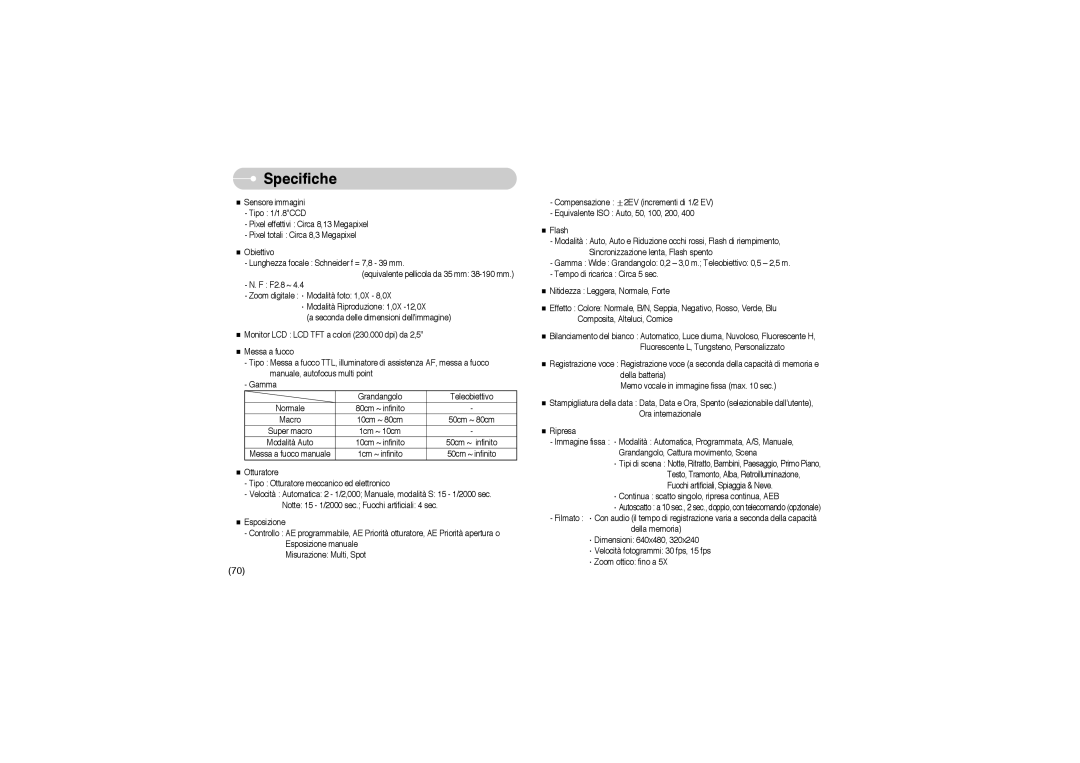 Samsung EC-L85ZZBBB/SP manual Specifiche 