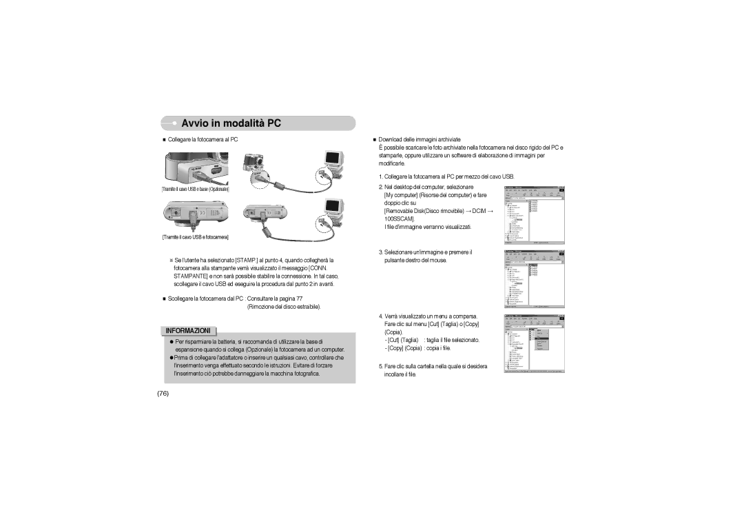 Samsung EC-L85ZZBBB/SP manual Tramite il cavo USB e fotocamera 