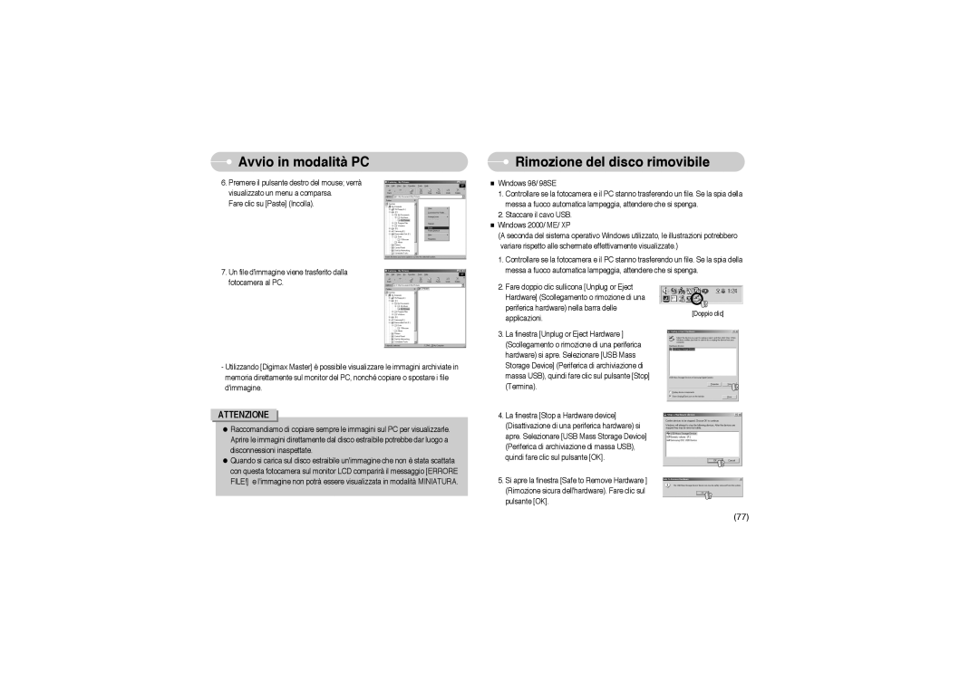 Samsung EC-L85ZZBBB/SP manual Rimozione del disco rimovibile 