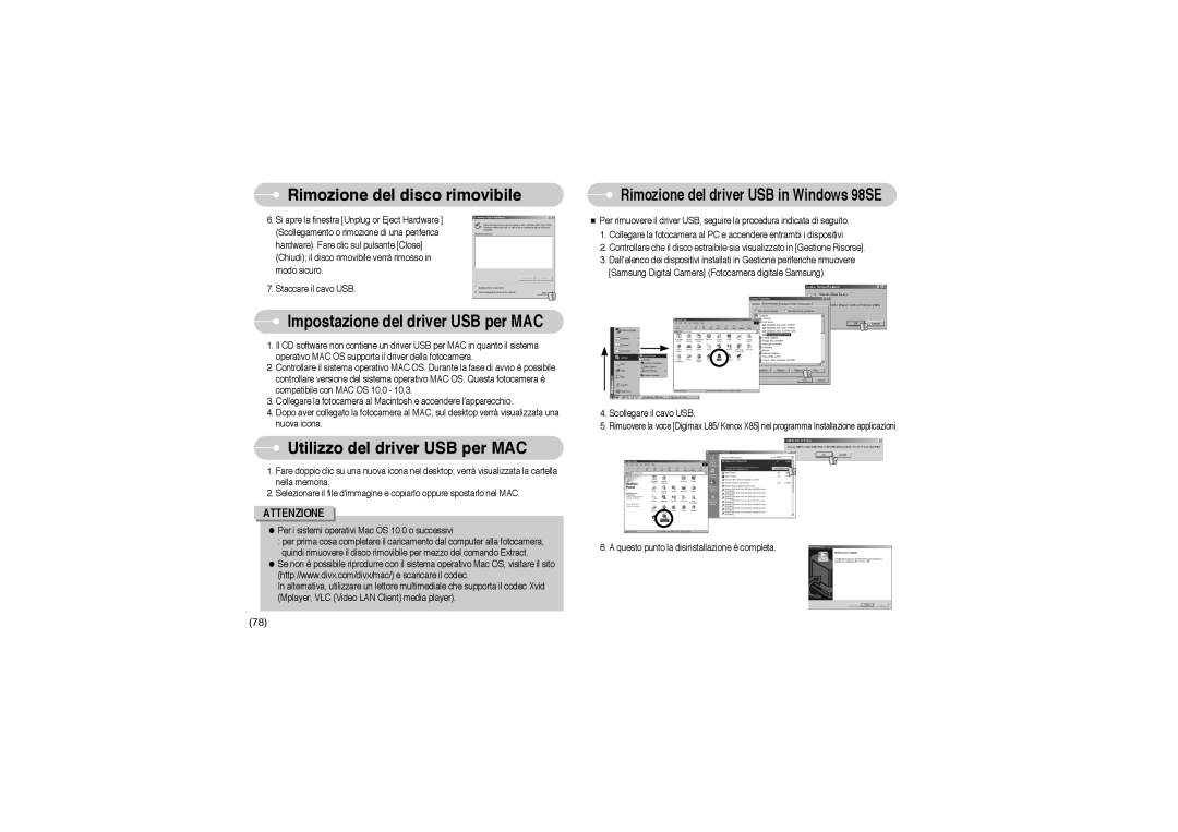 Samsung EC-L85ZZBBB/SP manual Utilizzo del driver USB per MAC, Impostazione del driver USB per MAC 