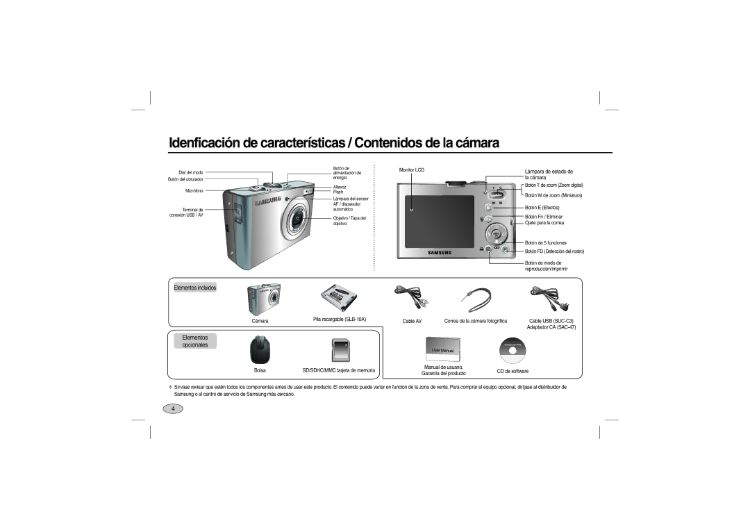 Samsung EC-M100ZBFE/E1, EC-M100ZSBB/FR manual Idenficación de características / Contenidos de la cámara, Elementos incluidos 