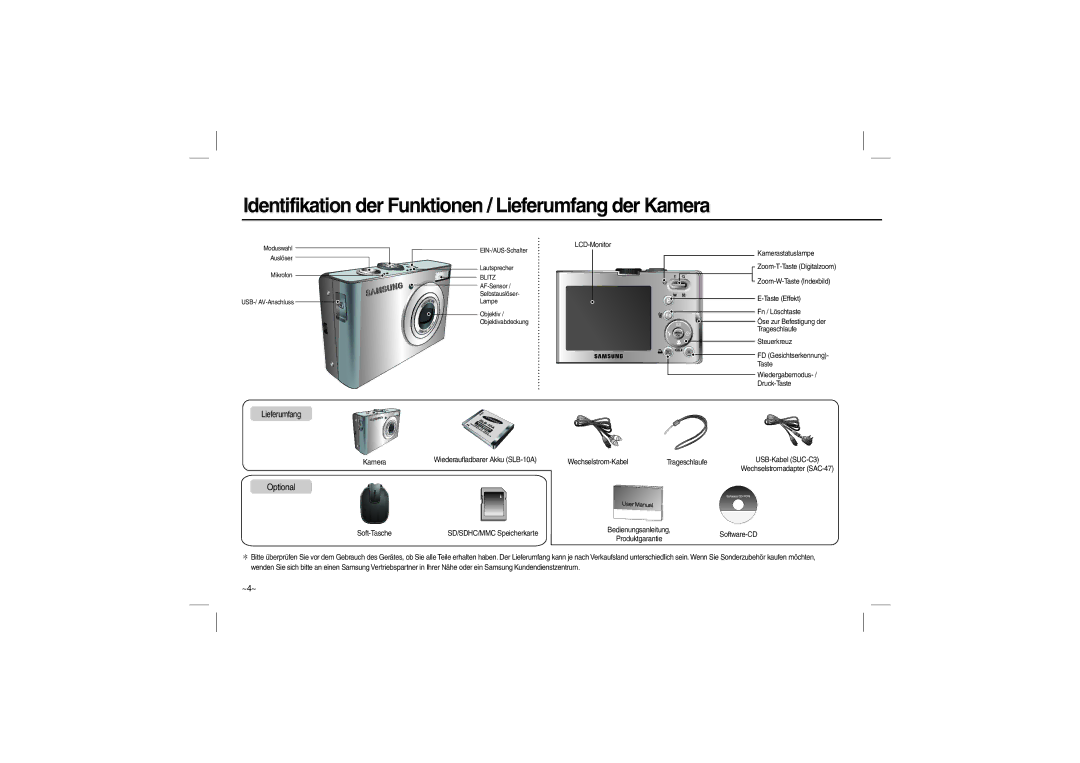 Samsung EC-M100ZSBB/E2, EC-M100ZSBB/FR, EC-M100ZSDB/E3 Identifikation der Funktionen / Lieferumfang der Kamera, Optional 