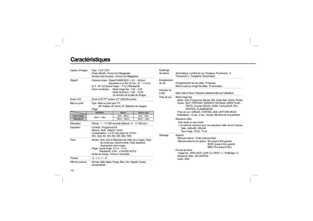 Samsung EC-M100ZSHD/AS, EC-M100ZSBB/FR, EC-M100ZSDB/E3, EC-M100ZSBC/FR manual Caractéristiques, Normal, Artifice, Plage&Neige 