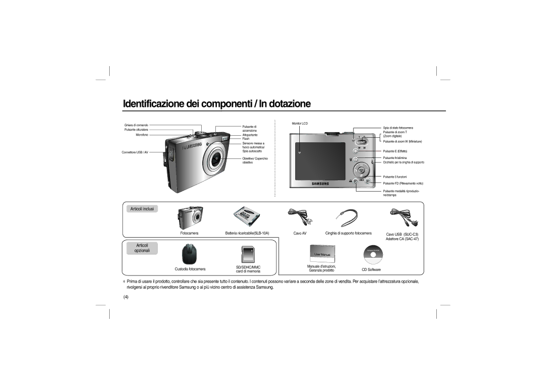 Samsung EC-M100ZSDD/AS, EC-M100ZSBB/FR, EC-M100ZSDB/E3 Identificazione dei componenti / In dotazione, Articoli Opzionali 